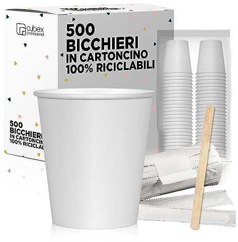 cubex professional 500 Bicchieri in cartoncino da 240 ML Bianchi + 500 Palette in Legno da 14 cm, per Caffè, Acqua, Bevande Calde e Fredde, 100% Riciclabili