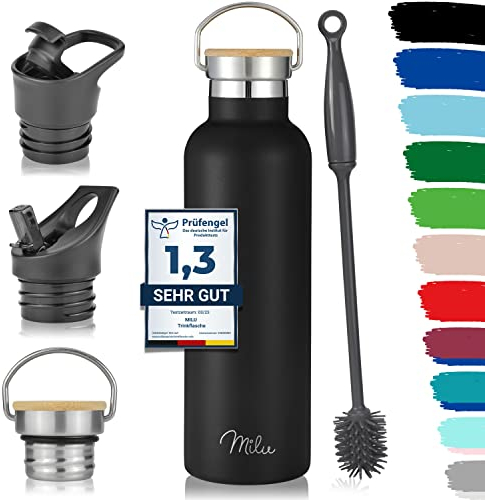 Milu Borraccia Termica Acciaio Inox – 500ml, 750ml, 1000ml (+3 coperchi) - Bottiglia Acqua Termos Senza BPA, Isolato Sottovuoto, A Prova di Perdite Anche per Acido Carbonico (Nero, 750ml)