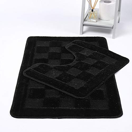 HOMES-LINEN Squares 2 Piece Bath Mat & Pedestal Set Non Slip Extra Absorbent Square Bathroom Toilet Rug Bath Mats Set (Black)