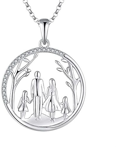 JO WISDOM Damen Kette Mama Familie LebensBaum Silber 925,Halskette Anhänger Mutter 2 Tochter Vater mit 3A Zirkonia,Schmuck für Frauen