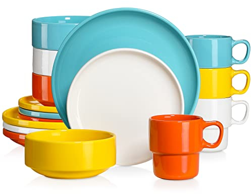 LOVECASA 16 Piece Porcelain Dinner Set Includes 4 of Each Dinner Plates, Dessert Plates, Bowls and Mug, Service for 4, Hot Assorted Colors