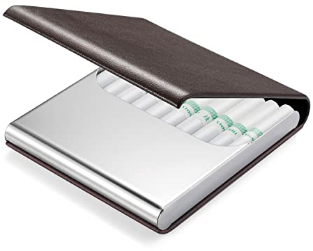Portasigarette in pelle e metallo, con chiusura magnetica, per 10 sigarette, in acciaio inox, per uomini e donne (colore caffè)