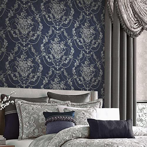 DEBONA Perla Floral Damask Wallpaper Textured Italian Vinyl Embossed Metallic Glitter 10m Roll Navy Blue 9086