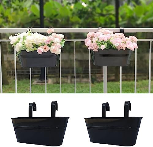 LaLaGreen Railing Planter Outdoor Plants (11.2 Inch, 2 Pack) Black Metal Iron Hanging Flower Pots Deck Rail Fence Hanging Bucket Modern Countryside Style Window Box Plant Holder with Hooks Porch Decor