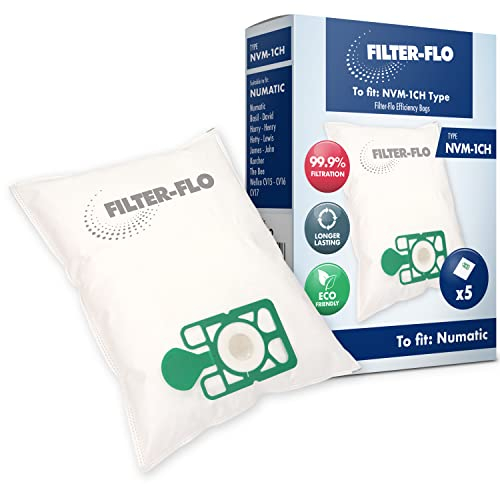 FILTER-FLO Multi Layer Vacuum Cleaner Dust Bags for Numatic Henry Hoover Hetty Bagged Vacuum Cleaners, Synthetic, Eco Friendly (Pack of 5) (NVM-1CH)