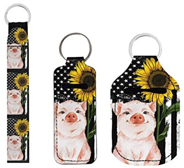 Xoenoiee 3 Stück Reiseflasche Schlüsselanhänger Hand Desinfektionsmittel Halter Set mit Chapstick Halter & Handgelenk Lanyard Schlüsselanhänger, Amerikanische Flagge Schwein Sonnenblume, One size
