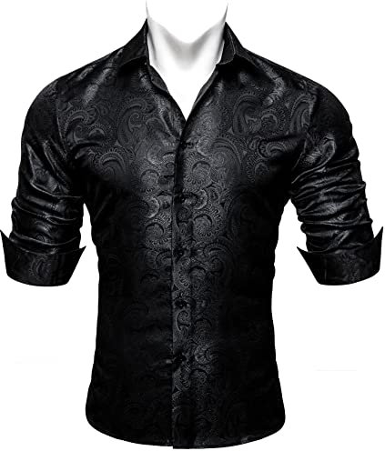Barry.Wang Men Dress Shirts Paisley Silk Long Sleeve Button Big and Tall Down Shirt Fashion Leisure Wedding Party Prom Black S-3XL