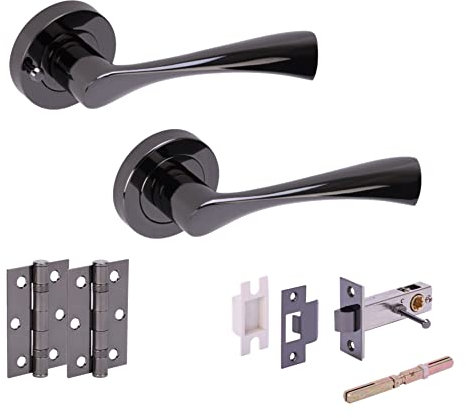 HANDLEZONE® Zena Privacy Door Handle Latch Pack, Complete with Lever On Rose Handles, Latch, Ball Bearing Hinges - Black Nickel