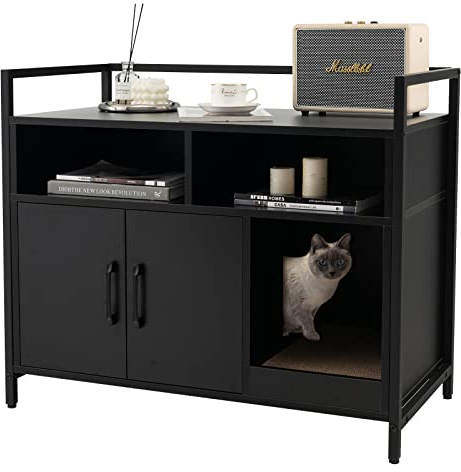 GOPLUS Maison à litière pour chat avec structure en acier avec compartiments et griffoir pour chat, chaton, 89 x 45 x 74,5 cm, noir