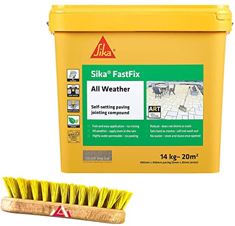 Sika Fast Fix All Weather | Ready to Use, Self-Setting Paving Jointing Compound for Any Weather, Suitable for Stones Setts, Paving Block and Footpaths With Scrub Brush 14kg - 20 sq.m (Deep Grey)