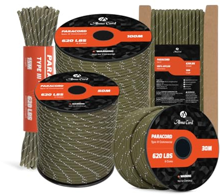 Abma Cord Paracord 4mm 9 Fili 15m Corda Paracord Nylon Corda da Paracadute Tipo 3 620lbs - Max. 280 kg - Riflettente Verde Militare