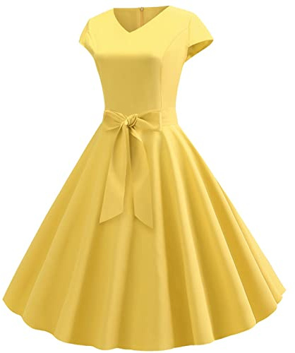 Azruma Kleid Hochzeitsgast Damen Ladybug KostüM MäDchen Kleider Sommer 1950Er Damen Vintage Cocktailkleid Cap Sleeves V-Ausschnitt Rockabilly Einfarbig Swing Kurz Kleider Mit Schleife Prom Dress