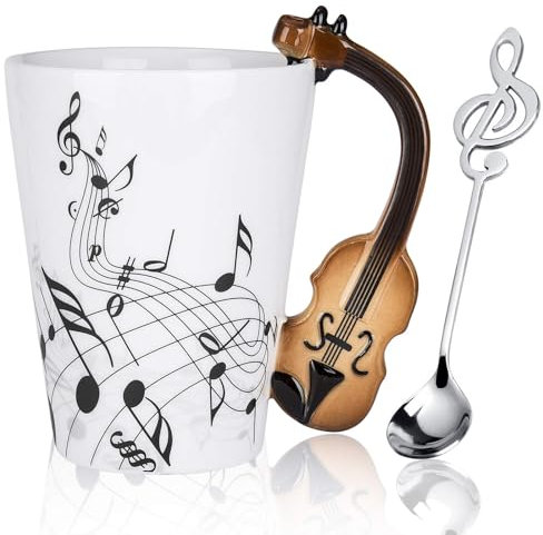 Johiux 13.5 oz Musical Notes Design Guitar Violin Coffee Mugs,Drink Tea Milk Coffee Mug,Music Gifts for Friend,Men,Women,Music Teacher, Creative Gifts for Birthdays,Christmas,Valentine's Day (Violin)