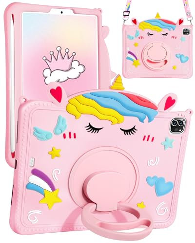 Gurgitat for iPad Air 11 Inch M2 2024/M3 2025/Air 5th/4th Generation 10.9/Pro 11 Cases - with Pen Holder Cute Cartoon Unicorn Silicone Tablet Cover with Rotating Stand & Strap for Girly Teens