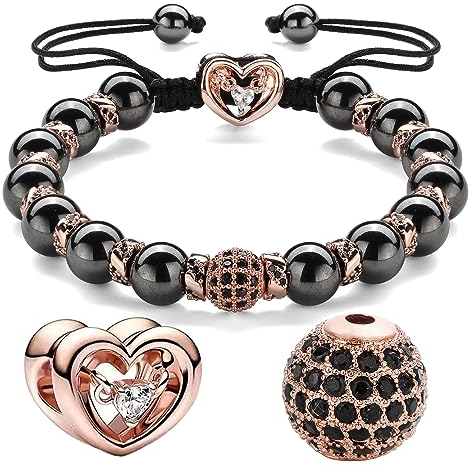 EUMENIDES Hämatit Magnetarmband,18K Gold Magnetarmband,Magnetische Hämatit Armbänder mit 18K Goldperlen,Beseitigen Sie statische Elektrizität (Schwarzer Zirkonia Rose Gold, 8MM)