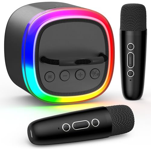 HWWR Máquina de karaoke, mini altavoz Bluetooth con 2 micrófonos inalámbricos, luces de discoteca, karaoke, fiesta en casa, regalos de cumpleaños de Navidad para cantar