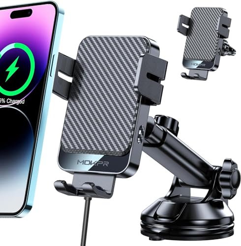 MOKPR Wireless Car Charger, 15W Fast Charging Auto Clamping Car Phone Holder Wireless Charger, Air Vent/Suction Holder Dashboard, for iPhone 16 15 14 13 12 11 Series&Samsung Galaxy(with Car Charger)