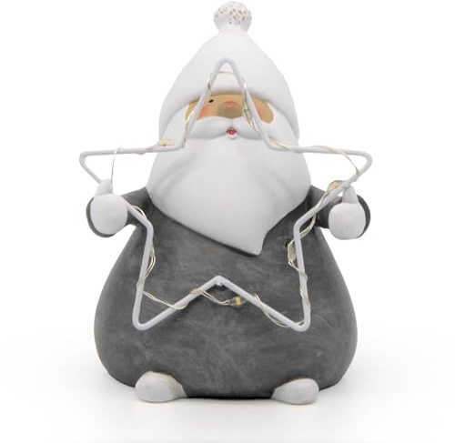 Mea-Living WEIHNACHTSMANN mit LED Stern, weiß/grau, klein, Weihnachtsdeko, Nikolaus, Nikolaus, Weihanchtsmannfigur, Geschenkidee zu Weihnachten