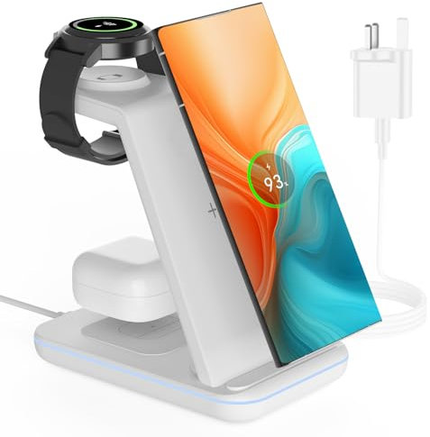 3 in 1 Wireless Charging Station for Samsung, CIYOYO 18W Fast Charger Stand for Samsung Galaxy S25 S24 S23 Ultra S22 Z Flip Fold 4, Galaxy Watch 7/6/5/5 Pro, Galaxy Buds 2 Pro, With 18w Adapter, white