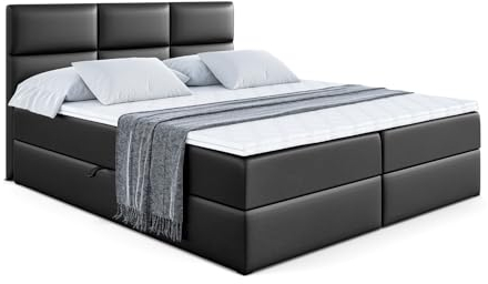 ALTDECOR Boxspringbett mit Matratze und Lattenrost, Boxbett, Topper, Polsterbett mit Bettkasten, Bett mit Stauraum H3-Matratze, Doppelbett, Springboxbett Ohio - 180x200 - Schwarz Kunstleder