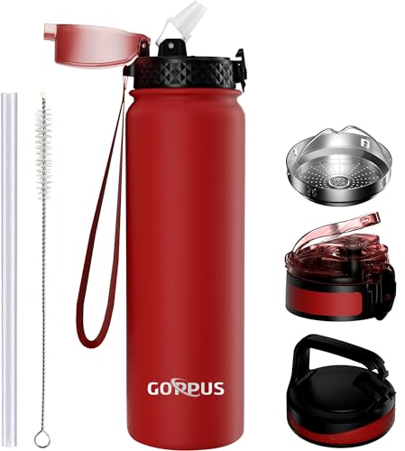 Goppus 1L/32oz Bouteille d'eau Acier Inoxydable avec Paille Bouteille d'eau Thermique Chaude à Double Paroi en Acier Bouteilles d'eau Isolées Bouteille d'eau Froide étanche Adulte avec 3 Couvercles