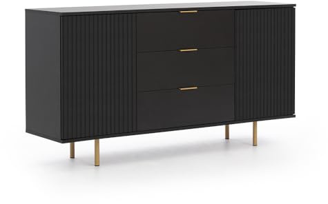 Lomadox Sideboard Kommode 150cm in schwarz matt, Front mit Rillenoptik, Goldfarbene Griffe und Füße