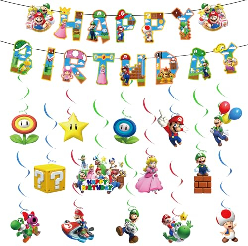Chukua Geburtstag Deko Ma-rio Bunting Girlande Hängende Deko Geburtstag Banner Swirl Decorations Super Bros Happy Birthday Banner Dekoration für Kinder thema Party Deko