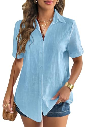 WINKEEY Camicia Donna Elegante Bluse e Camicie Cotone Camicetta Manica Corta Maglia Scollo a V Blusa Maglietta Casual Business Top con Bottoni,Blu S