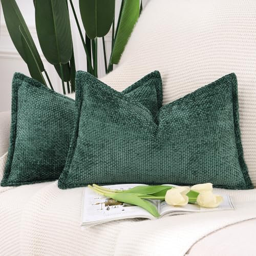 Madizz 2er Set Chenille Samt mit Rand Kissenbezüge Weiche Dekorativ Zierkissenbezüge Modern Kissenhülle für Sofa Wohnzimmer Schlafzimmer Dunkelgrün 40x80 cm