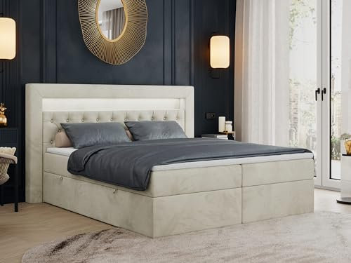 MKS MEBLE Boxspringbett 160x200 mit Led Beige Samt, Bett 160x200 mit LED Kopfteil, Multipocket Matratze H4, Doppelbett mit Bettkasten Stauraumbett - Gold-6 - Beige Velvet