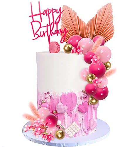 Morofme 29pcs Flower Boho Cake Topper Ball Cake Decorations Hot Pink Gold Balls Palm Leaves Artificial Plants Cake Decor for Girl Bohemian Hot Pink Princess Theme Wedding Baby Shower Birthday Party