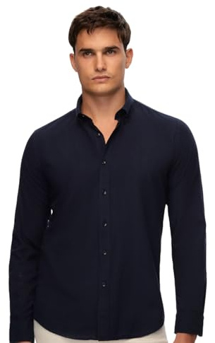 D'S DAMAT Leinenoptik Hemd Herren Langarm Slim Fit, 100% Baumwolle Atmungsaktiv Freizeithemd Herren, Leichte Kleidung Herren, Schickes Männer Hemd, Sommer Shirt, 6 Farboptionen, S M L | Navy blau - l