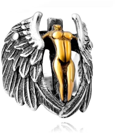 Caiduoduo Accesorios Anillo Vintage Angel Wings cruzado banda de acero titanio