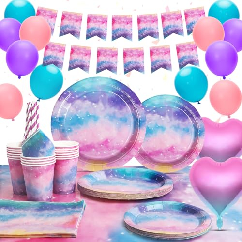 Pastel Rainbow Party Tableware Starry Galaxy Tie Dye Watercolor Birthday Party Paper Plates Cups Napkins Tablecloth Banner Galaxy Pastel Rainbow Birthday Party Decorations Supplies 16 Guests