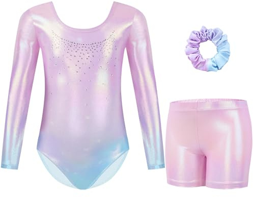 Gogokids Mädchen Dreiteilige Gymnastikanzüge, Langärmliges Gymnastik Set mit Shorts und Haarband, Glitzernde Balletteinheitstrikots - Gymnastik Outfit mit Farbverlaufdesign für 8-9 Jahre