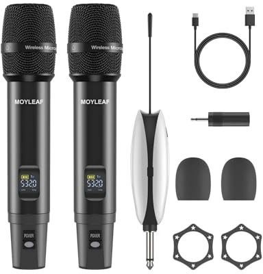 MOYLEAF Wireless Microphones, UHF Metal Dual Handheld Cordless Dynamic Mic System with Rechargeable Receiver,1/4 Output for Karaoke Singing,Wedding,DJ,Party,Speech,Church, Class Use, 240ft