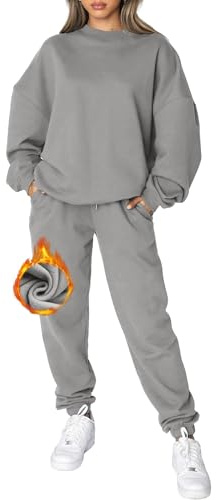 CheChury Jogginganzug Damen Zweiteiler Trainingsanzug Winter Rundhals Hausanzug Zweiteilig Frauen Einfarbig Trainingsanzug Sportanzug Langarm Oberteile und Jogginghose Pullover und Hose Taschen