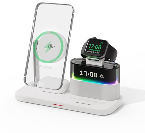 Qi2 Cargador Inalámbrico 5 en 1, Estación de Carga con Reloj de Alarma mag-Safe de 25W, Estación de Carga Inalámbrica con Reloj para iPhone 16/15/14/13, iWatch Ultra10/9/8/7/6, Pods 4/3/2/Pro, Blanco