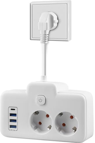 Doppelstecker für Steckdose, Steckdosenleiste Wandmontage mit 3 USB und 1 Type-c, Mehrfachstecker für Steckdosen, Steckdosen Kindersicherung, Mehrfachsteckdose mit Schalter und Kurzes Kabel