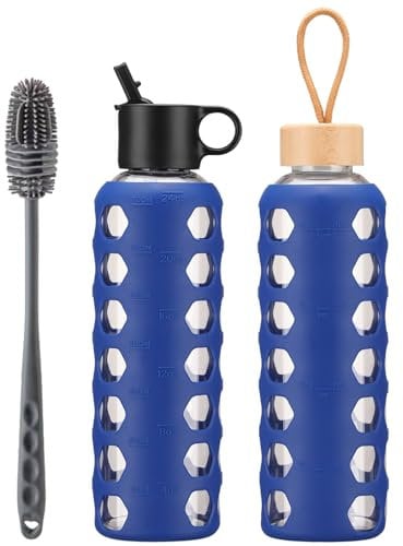 BLUEGO Botellas de cristal, 700 ml Vaso de cristal, botellas para beber con 2 tapas, botella de agua deportiva con funda de silicona, a prueba de fugas, azul
