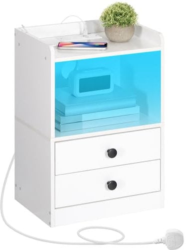 HOOBRO Bedside Table with Charging Station, Side Table with Adjustable LED Lights, Nightstand with 2 Drawers for Bedroom, Living Room, Cloakroom, Modern Style, White EWT28KDBZ01G1