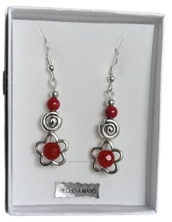 Anhur Pendientes Colgantes Flor Caracola Con Piedras Naturales Ágatas Colores Azul Cielo Verde Lila Morado Verde Naranja Rosa Azulón en Zamak Color Plata Pendientes Largos A Presión (Rojo)