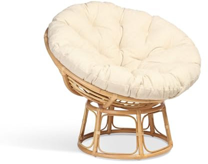 Desser Indoor Natural Rattan Papasan Chair with Cushion – Fully Assembled Adjustable Round Natural Cane Wicker Seat with UK Made Cushion in Neutral Cloud Fabric – H97cm x W104cm x D95cm