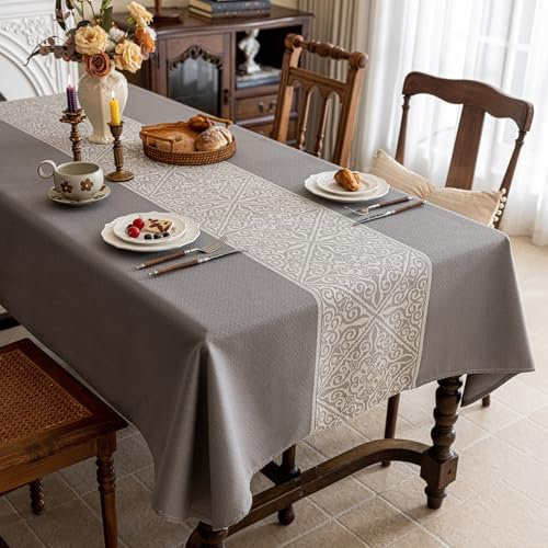 FeinKulturia Tischdecke Abwaschbar Verdickte Design Grau Tischdecken 140x200cm Luxuriös Optik Tischläufer aus Baumwoll Leinen Material Wasserabweisend, Tischtuch Dauerhaft Kratzfest für Esstisch
