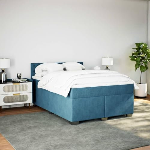 KOIECETA Boxspringbett Polsterbett Bett mit Matratze Bettgestell mit Kopfteil Lattenrost Einzelbett für Schlafzimmer Blau 160x200 cm Samt