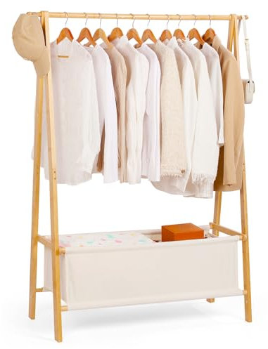 Relquorax Kleiderständer Bambus, Garderobenständer offener Kleiderschrank mit Aufbewahrungstasche Kleiderstange Haken, stabil für Schlafzimmer Flur (L)