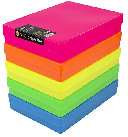 WestonBoxes A4 Colourful Transparent Plastic Craft Storage Boxes with Lids for Art Supplies, Paper and Card (NEON Mix/Opaque, Pack of 5)