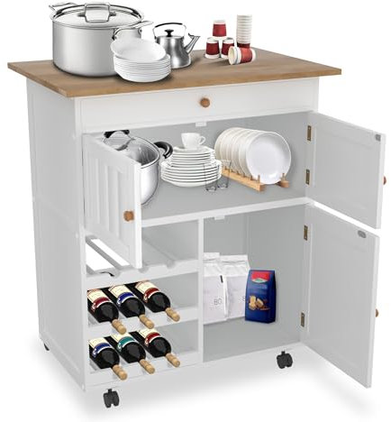 NAIZY Armario de cocina de 85 x 68 x 39 cm, con ruedas, encimera y cajones, con cerradura, carrito de madera, incluye botellero