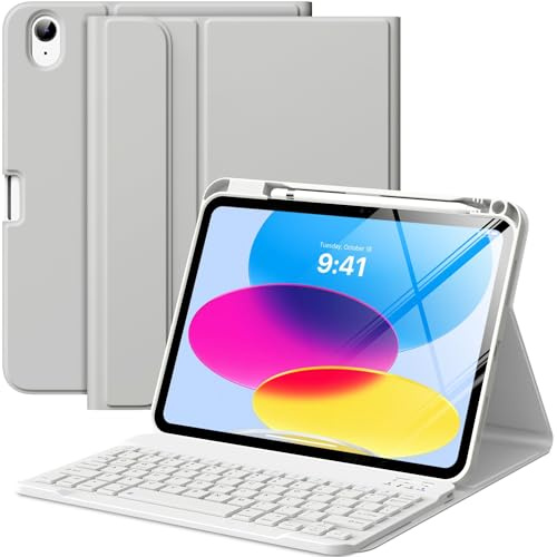 MoKo Hülle mit Tastatur für iPad A16 11 Generation 2025/10 Generation 2022(11/10.9 Zoll), TPU Schutzhülle iPad 10. Gen Hülle mit Pencil Halter und magnetisch Abnehmbarer Tastatur mit QWERTY, Silber