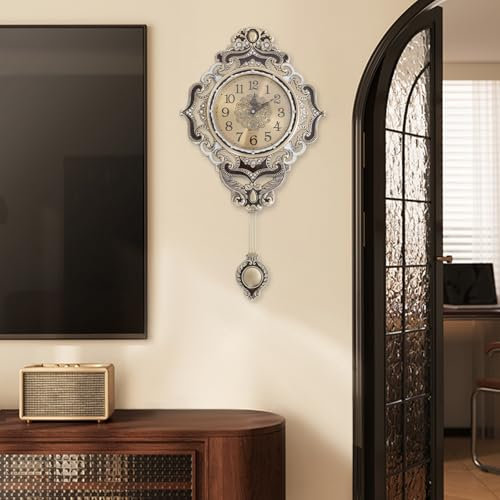 WindWilder Wanduhr Große 37 x 63cm Retro Pendeluhr für Wohnzimmer Schlafzimmer Büro Deko, Batteriebetriebene Uhr Wand mit Pendel, Ohne Tickgeräusche, Gold